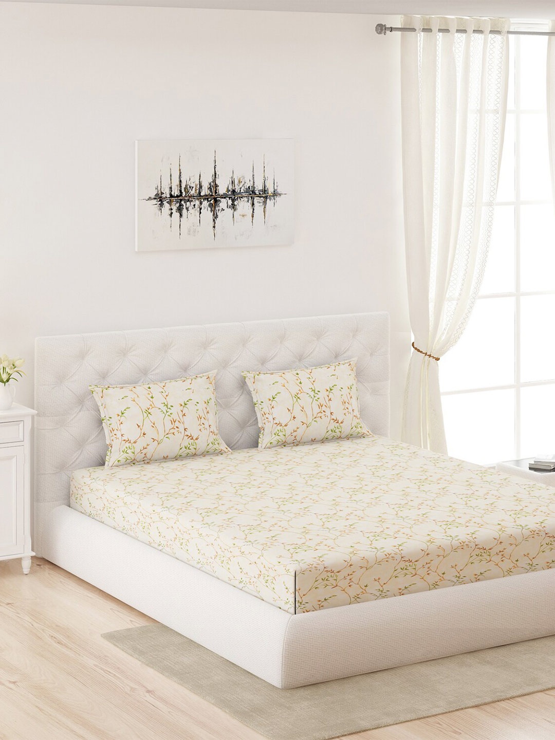 

Moca By Monte Carlo Cream-Coloured 120 TC Queen Bedsheet with 2 Pillow Covers