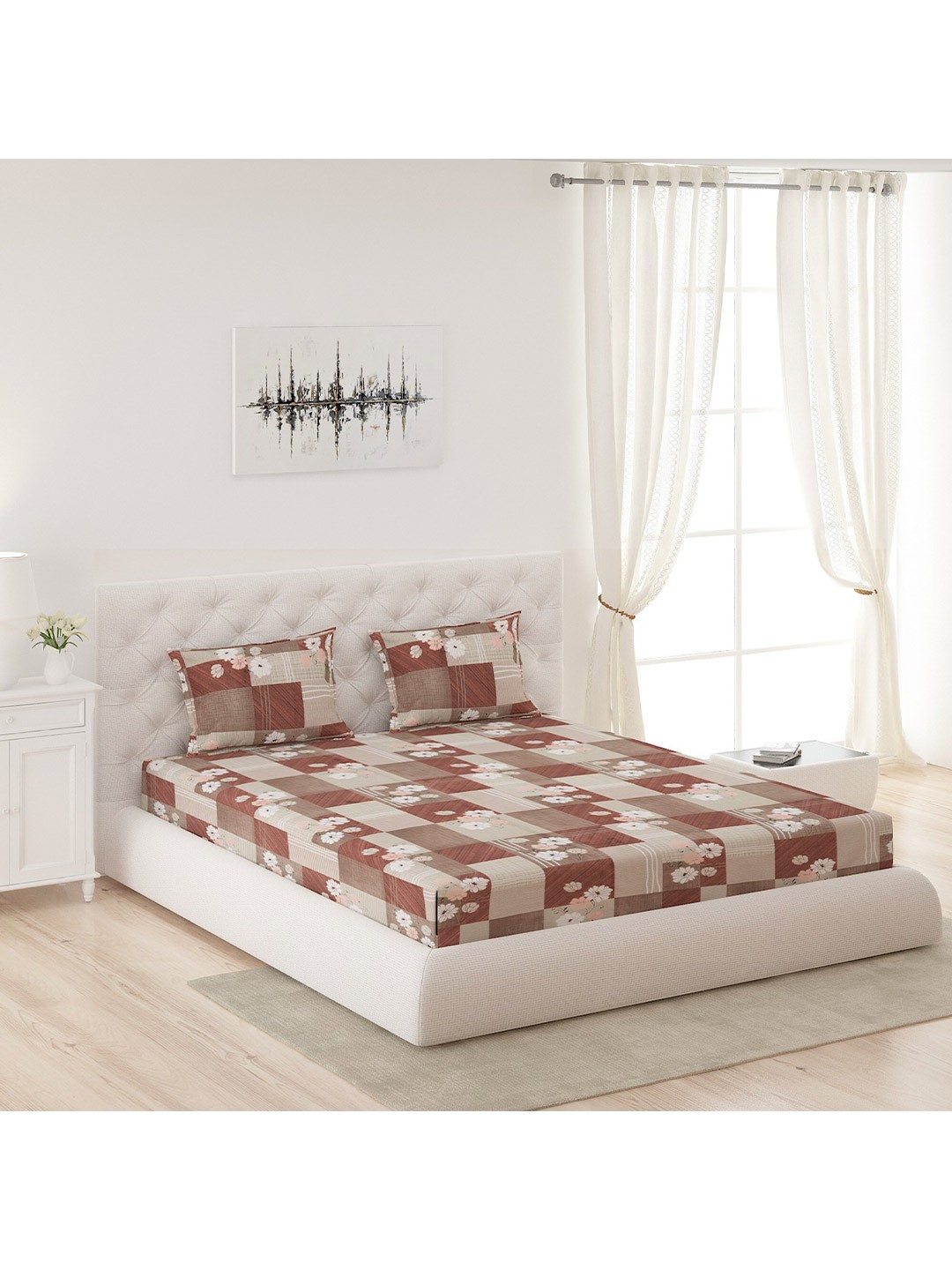 

Moca By Monte Carlo Brown & Beige Floral 120 TC Queen Bedsheet with 2 Pillow Covers