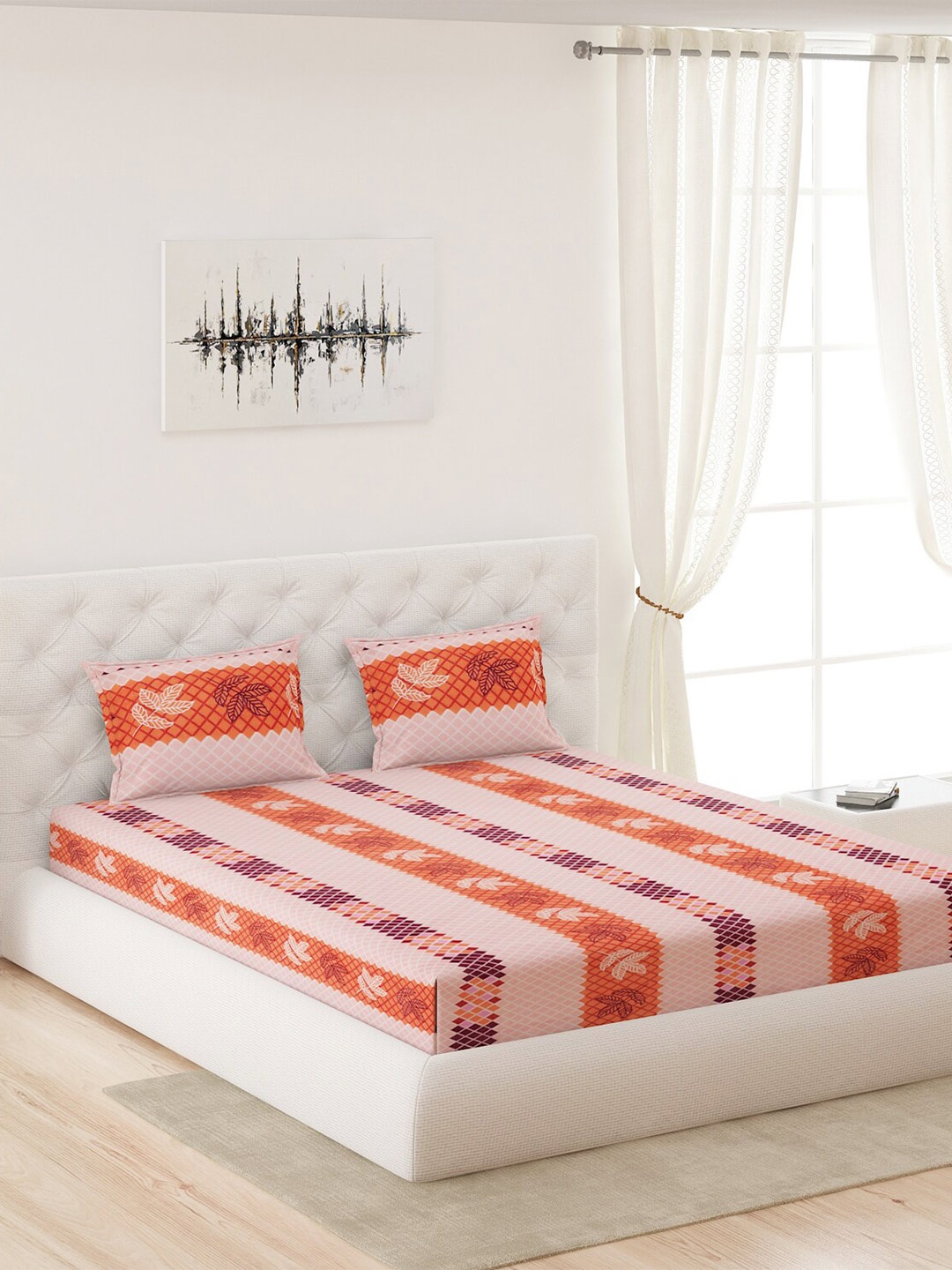 

Moca By Monte Carlo Pink & Orange 120 TC Queen Bedsheet with 2 Pillow Covers