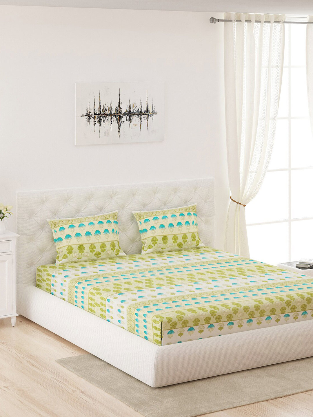 

Moca By Monte Carlo Green & Blue Floral 120 TC Queen Bedsheet with 2 Pillow Covers