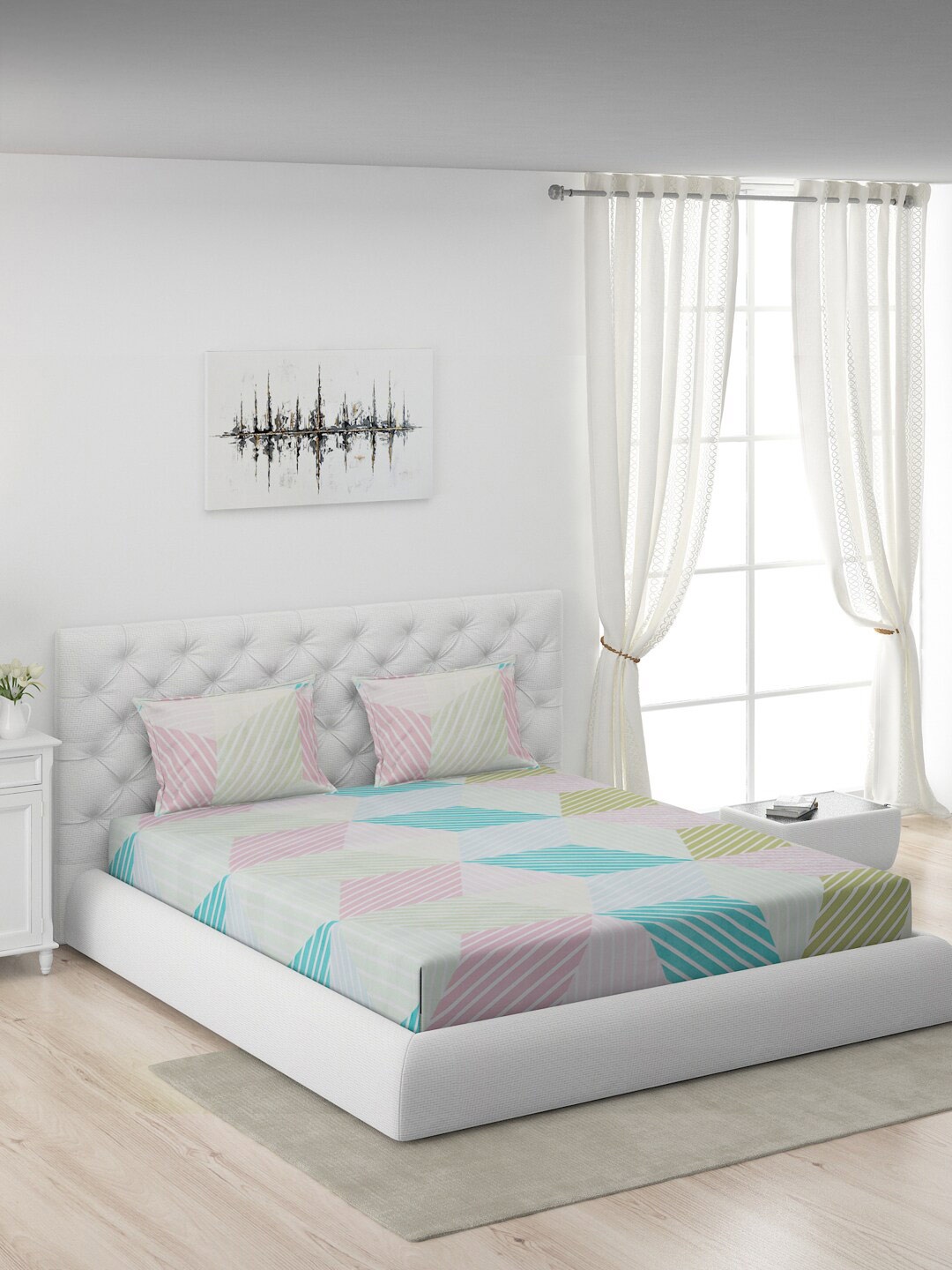 

Moca By Monte Carlo Striped Microfibre 104 TC Queen Bedsheet with 2 Pillow Covers, White