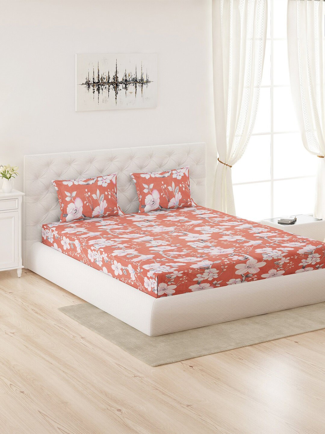 

Moca By Monte Carlo Peach-Coloured & White Floral Pure Cotton 144 TC Queen Bedsheet with 2 Pillow Covers
