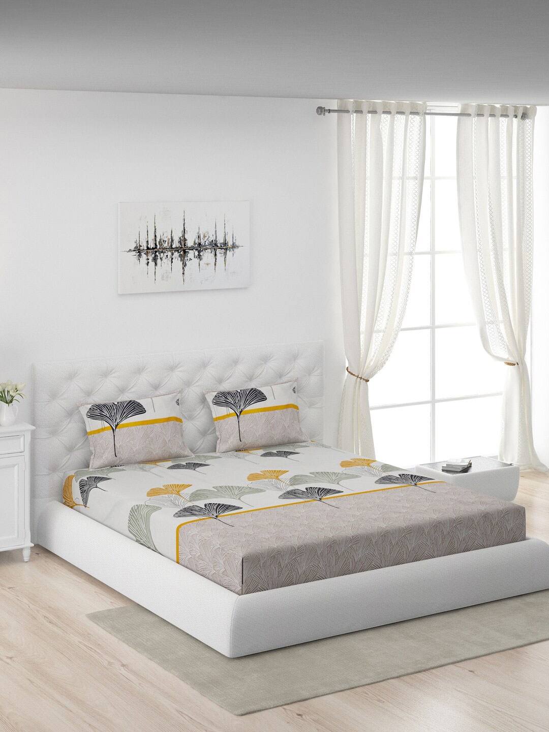 

Moca By Monte Carlo Off White & Grey Floral Microfiber 104 TC Queen Bedsheet with 2 Pillow Covers