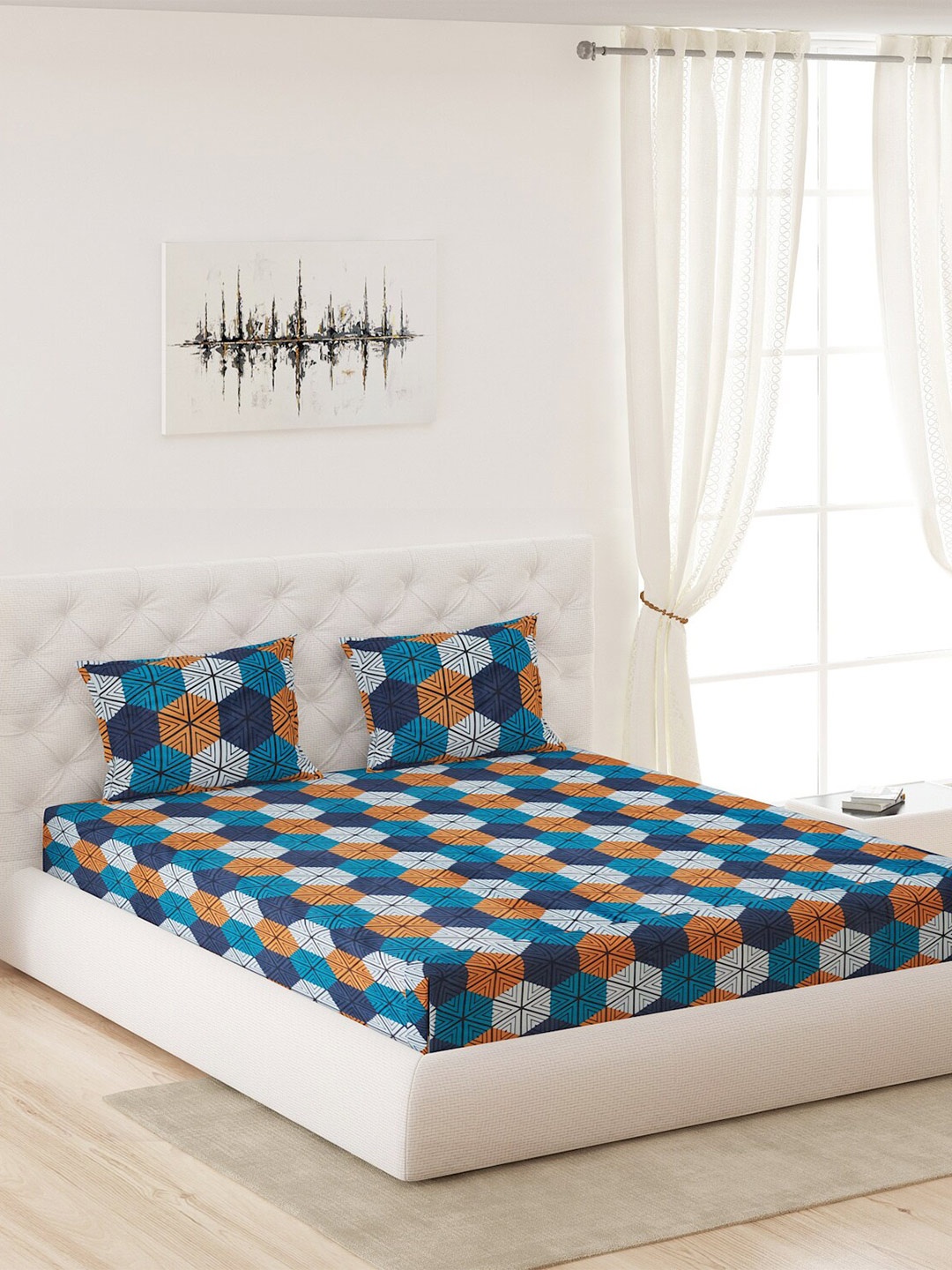 

Moca By Monte Carlo Blue & Brown Geometric Cotton 144 TC Queen Bedsheet with 2 Pillow Covers