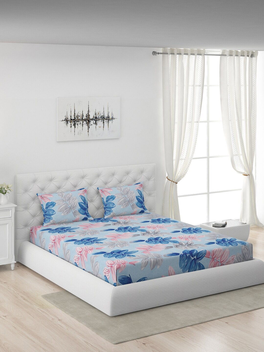 

Moca By Monte Carlo Blue & Pink Floral Printed Cotton 104 TC Queen Bedsheet with 2 Pillow Covers