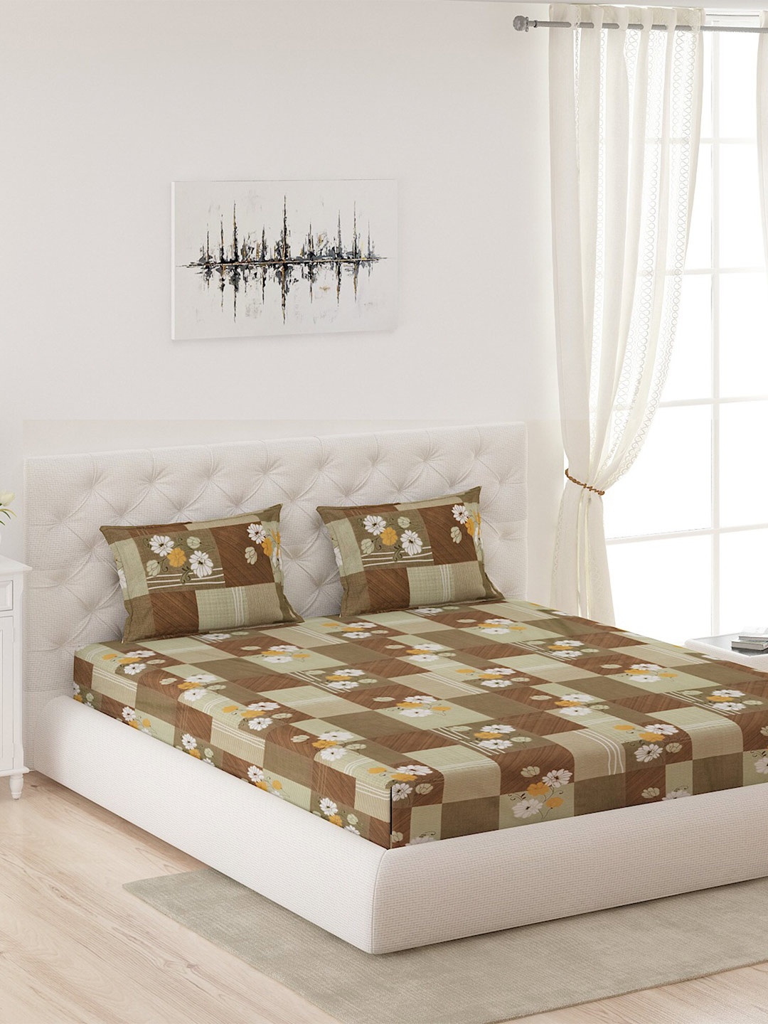 

Moca By Monte Carlo Brown & Yellow Floral Printed Cotton 120 TC Queen Bedsheet with 2 Pillow Covers