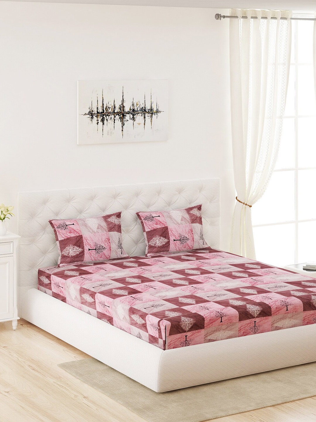 

Moca By Monte Carlo Pink & Maroon 120 TC Cotton Queen Bedsheet with 2 Pillow Covers
