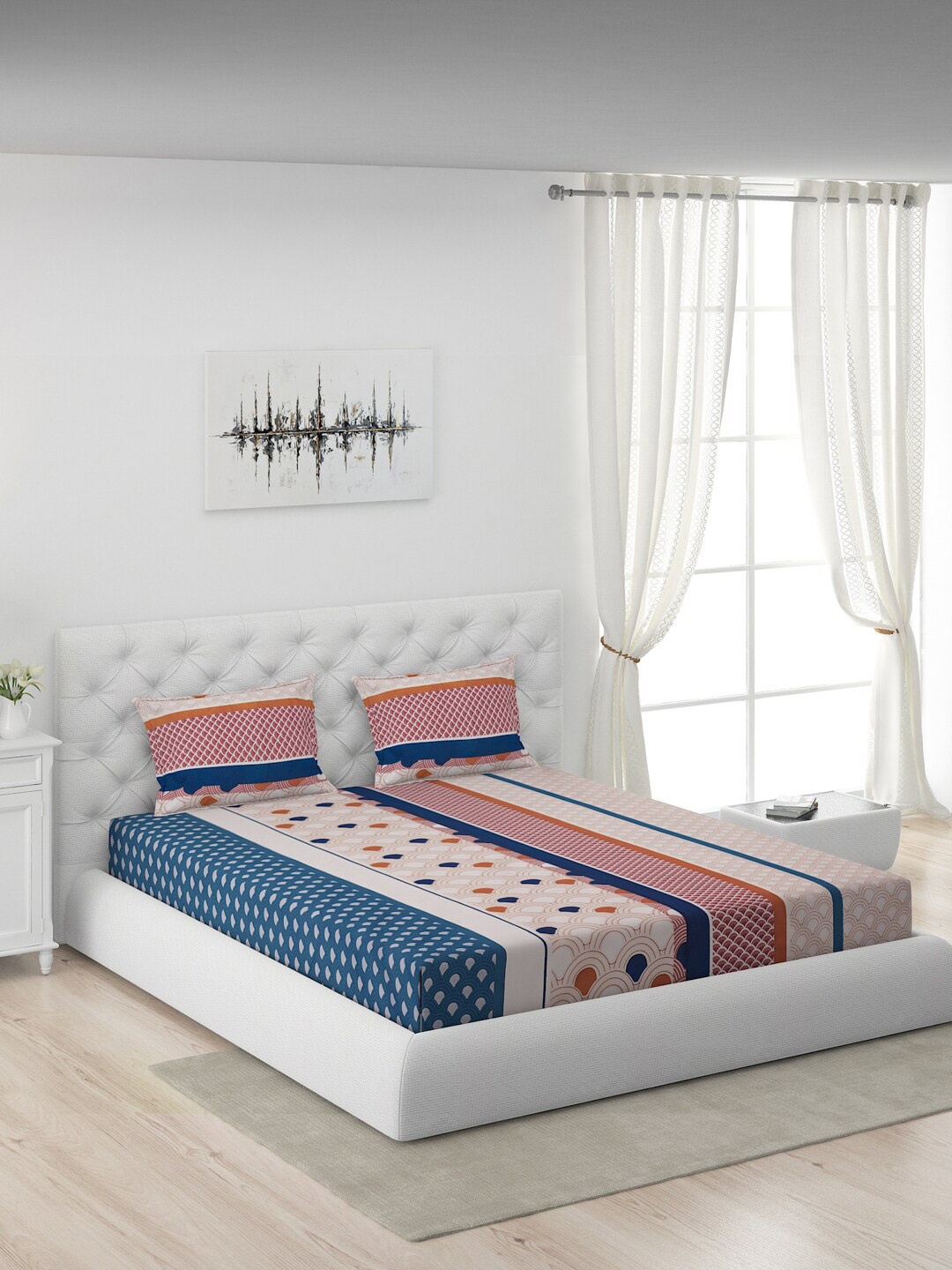 

Moca By Monte Carlo Red & Blue Geometric 104 TC Queen Bedsheet with 2 Pillow Covers