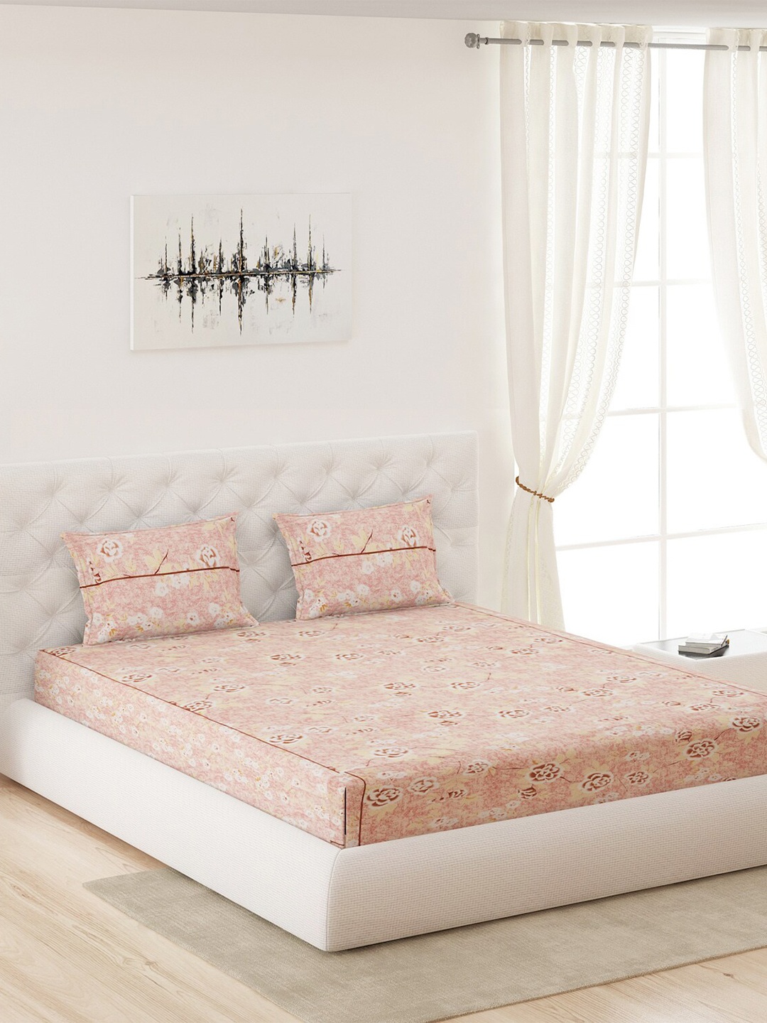 

Moca By Monte Carlo Peach-Coloured & White Floral 120 TC Cotton Queen Bedsheet with 2 Pillow Covers