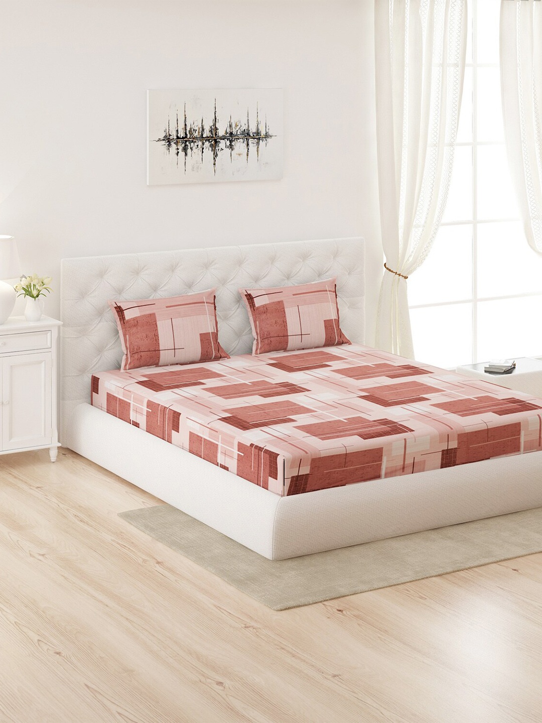 

Moca By Monte Carlo Coffee Brown & Peach-Coloured Geometric 144 TC Queen Bedsheet with 2 Pillow Covers