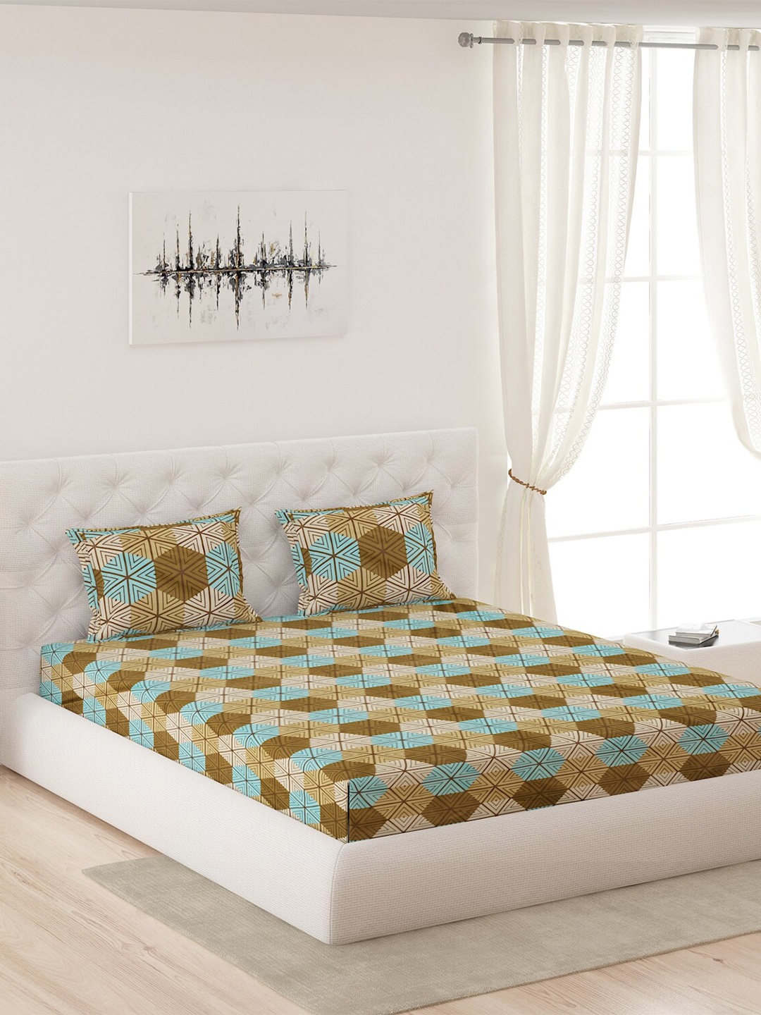 

Moca By Monte Carlo Brown & Blue Geometric 144 TC Cotton Queen Bedsheet with 2 Pillow Covers