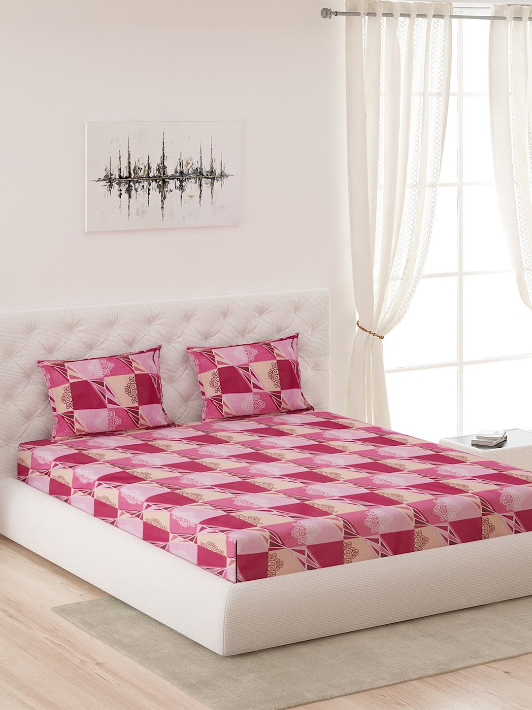 

Moca By Monte Carlo Pink & Beige Ethnic Motifs 120 TC Cotton Queen Bedsheet with 2 Pillow Covers