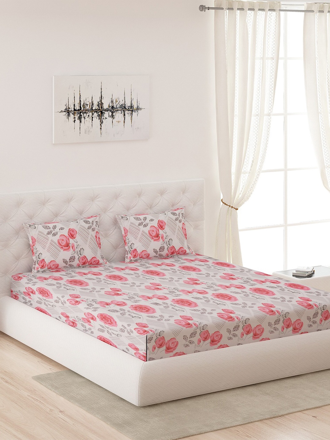 

Moca By Monte Carlo White & Pink Floral 120 TC Cotton Queen Bedsheet with 2 Pillow Covers