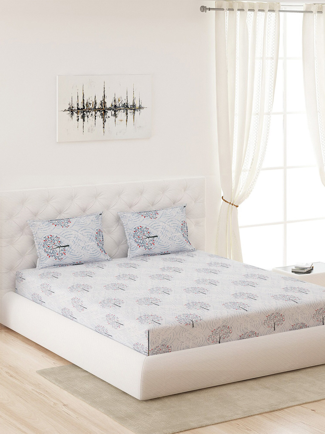 

Moca By Monte Carlo Grey & Red Floral 210 TC King Bedsheet with 2 Pillow Covers