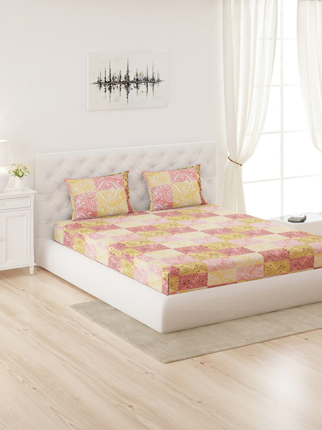 

Moca By Monte Carlo Pink & Yellow Ethnic Motifs 144 TC Queen Bedsheet with 2 Pillow Covers