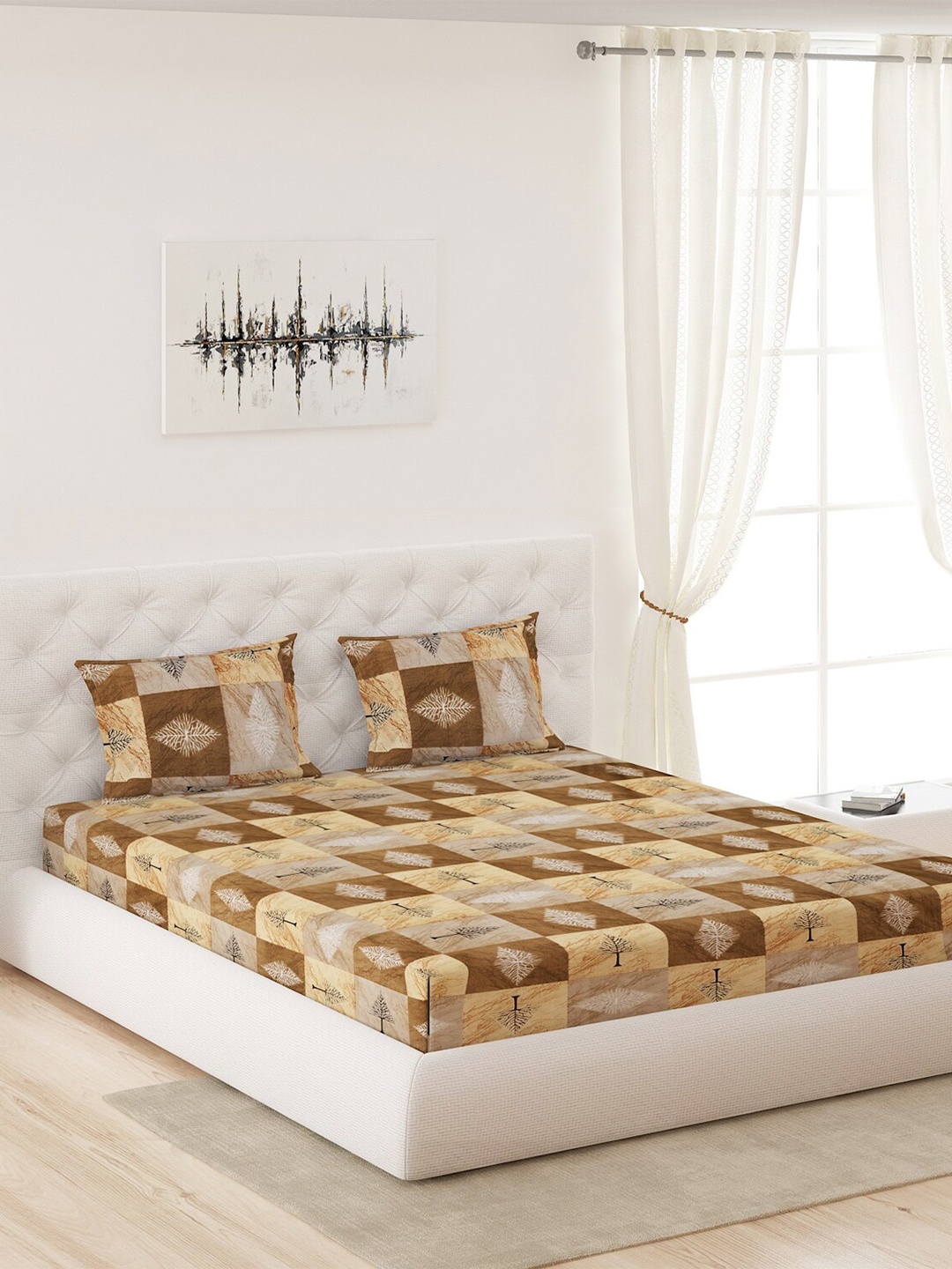 

Moca By Monte Carlo Brown & Grey Printed 120 TC Queen Bedsheet with 2 Pillow Covers