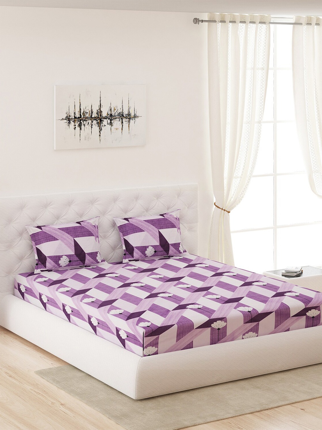 

Moca By Monte Carlo Purple & White 120 TC Pure Cotton Queen Bedsheet with 2 Pillow Covers