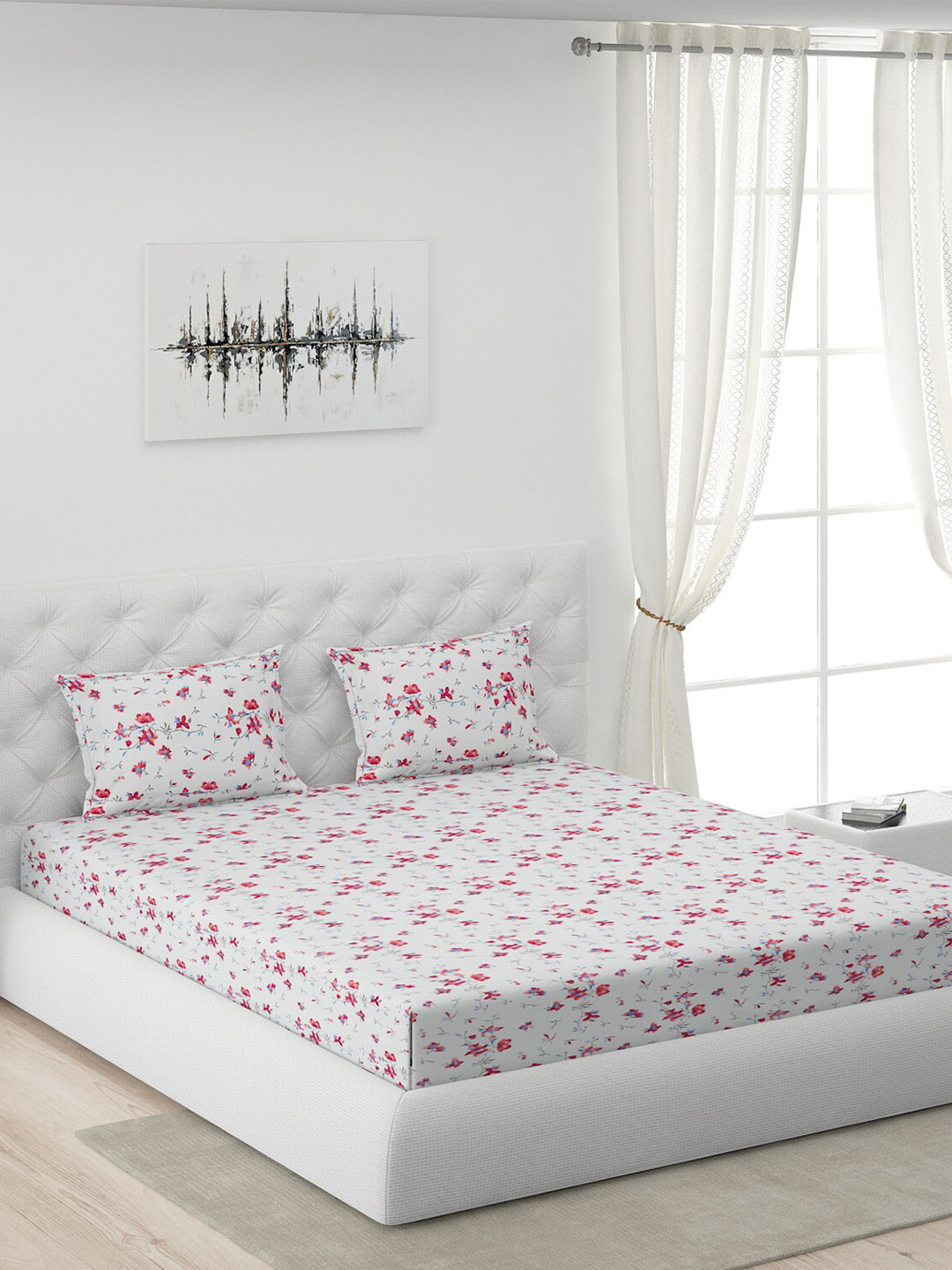 

Moca By Monte Carlo White & Pink Floral Printed Microfiber 104 TC Queen Bedsheet with 2 Pillow Covers