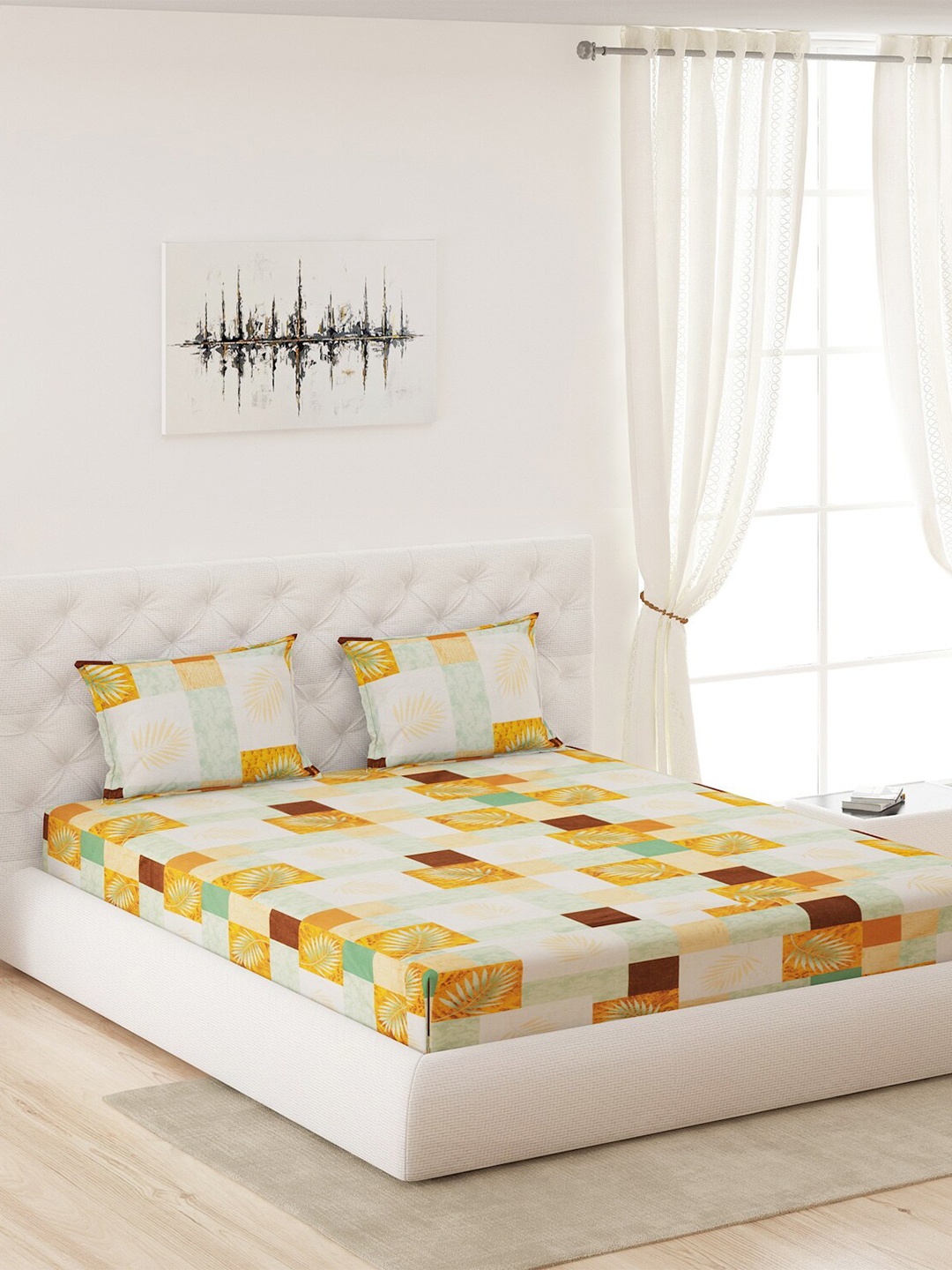 

Moca By Monte Carlo Cream Geometric 120 TC Pure Cotton Queen Bedsheet & 2 Pillow Covers