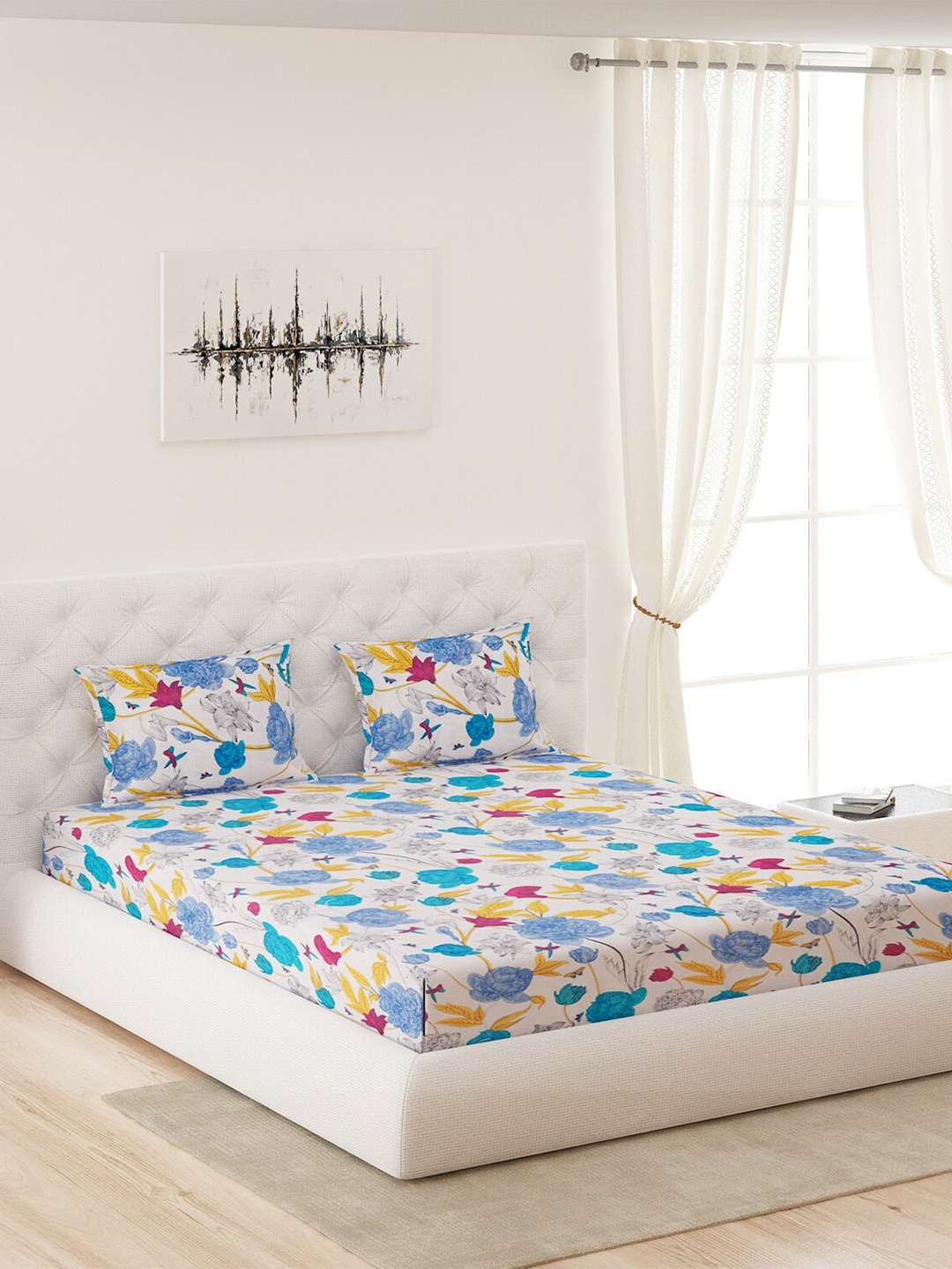 

Moca By Monte Carlo Blue Floral 120 TC Pure Cotton Queen Bedsheet with 2 Pillow Covers, White