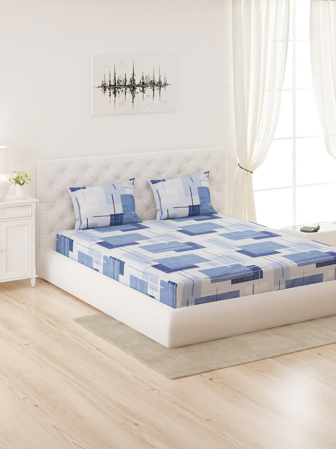

Moca By Monte Carlo White & Blue Geometric 144 TC Queen Bedsheet with 2 Pillow Covers