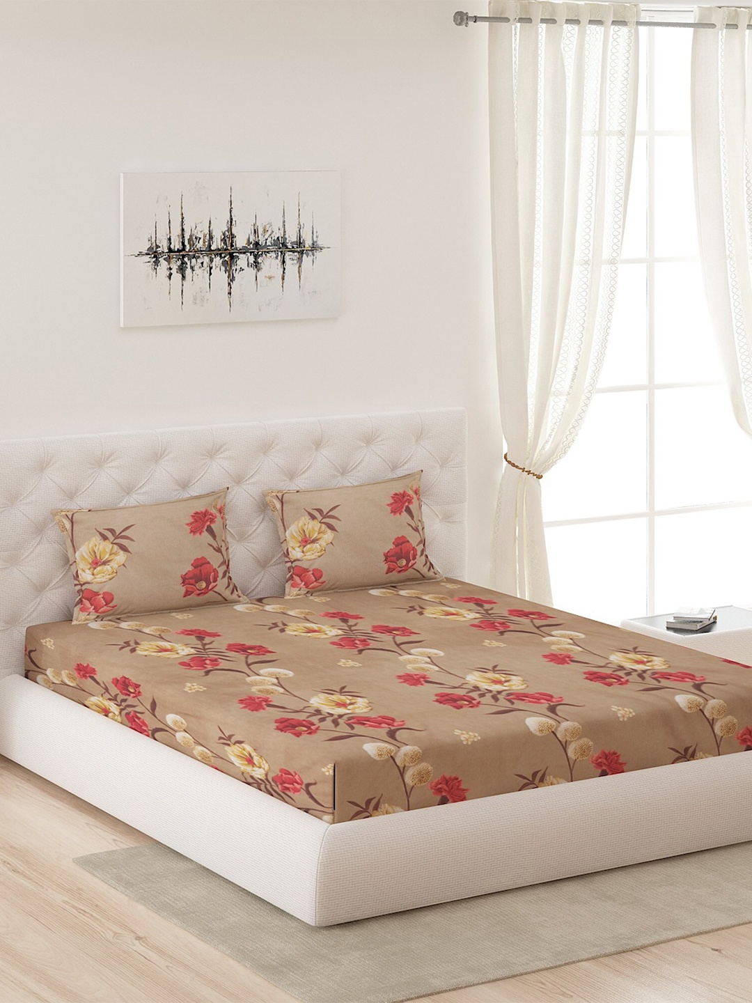 

Moca By Monte Carlo Brown & Pink Floral 104 TC Queen Bedsheet with 2 Pillow Covers