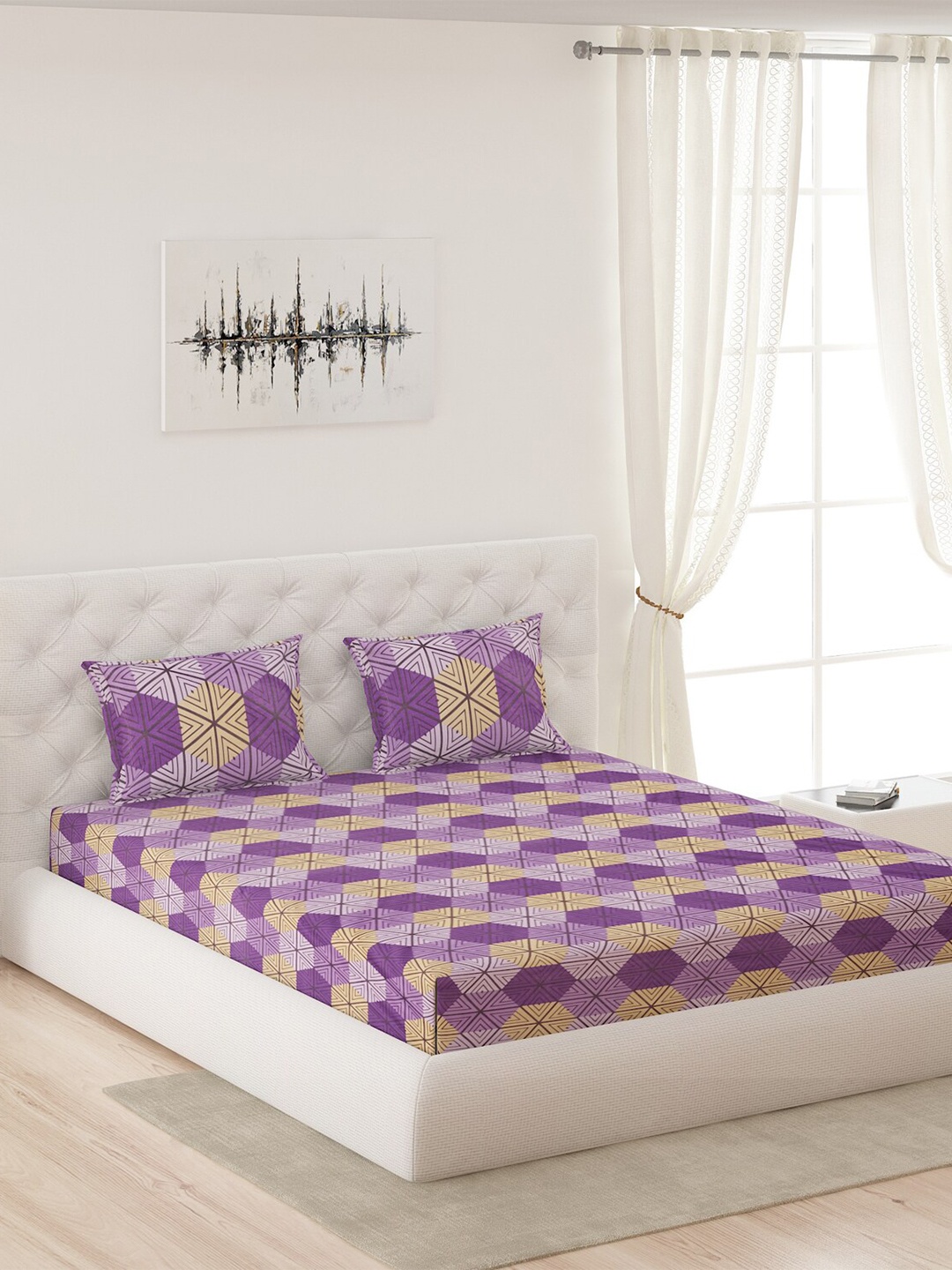 

Moca By Monte Carlo Purple & Yellow Geometric 144 TC Queen Bedsheet with 2 Pillow Covers