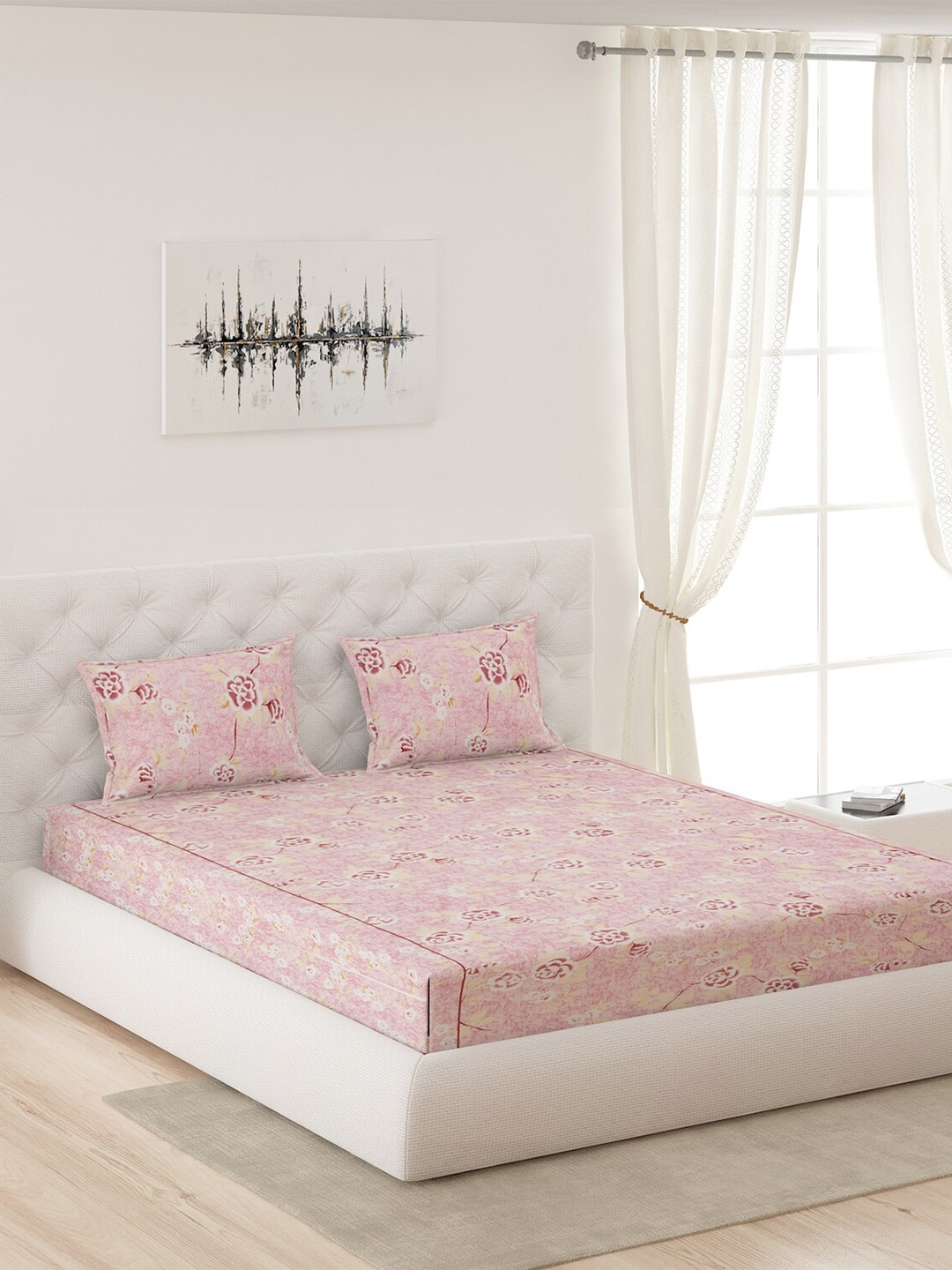 

Moca By Monte Carlo Pink & White Floral 120 TC Queen Bedsheet with 2 Pillow Covers