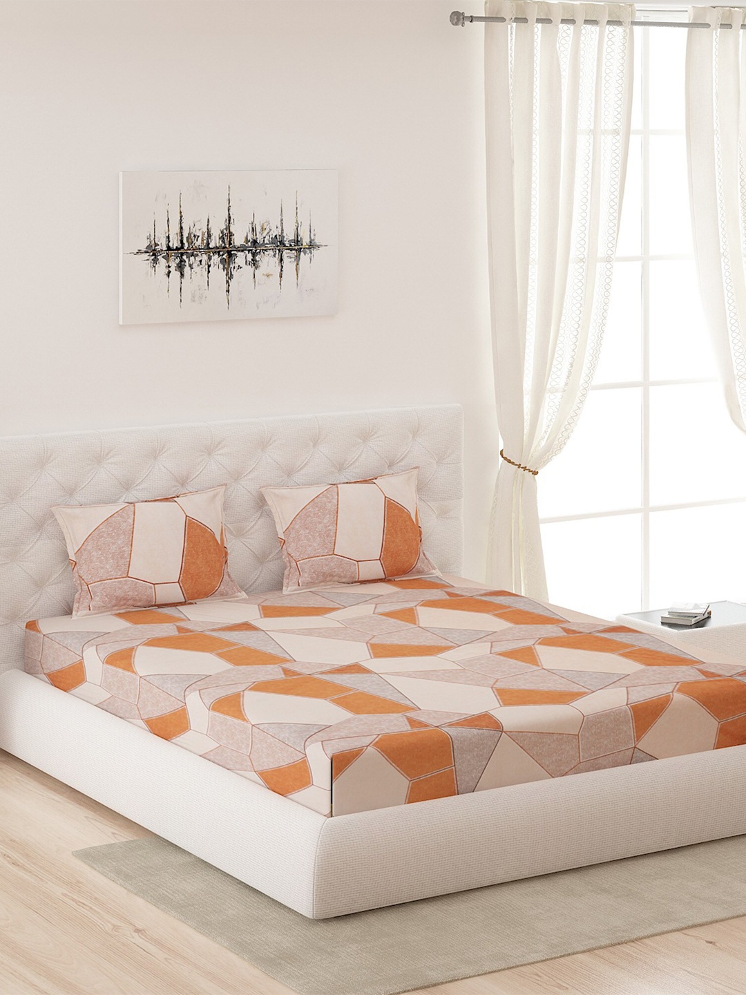 

Moca By Monte Carlo Cream-Coloured & Orange Geometric 200 TC King Bedsheet with 2 Pillow Covers