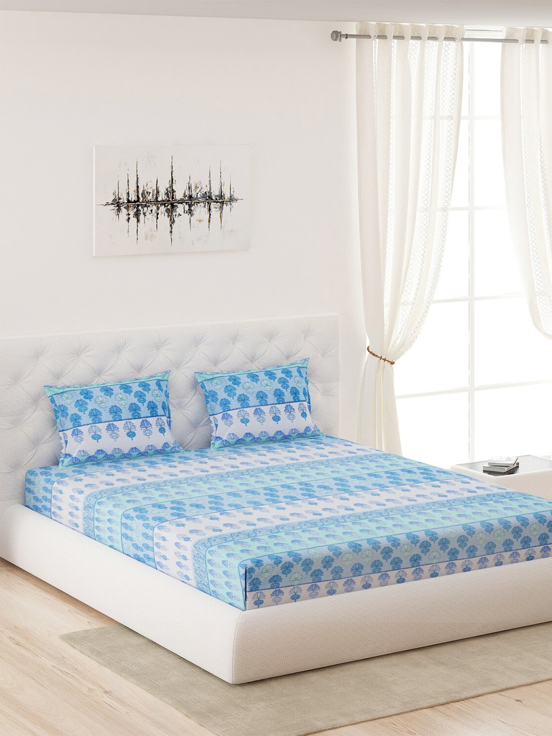 

Moca By Monte Carlo Blue & White Printed 120 TC Queen Cotton Bedsheet with 2 Pillow Covers