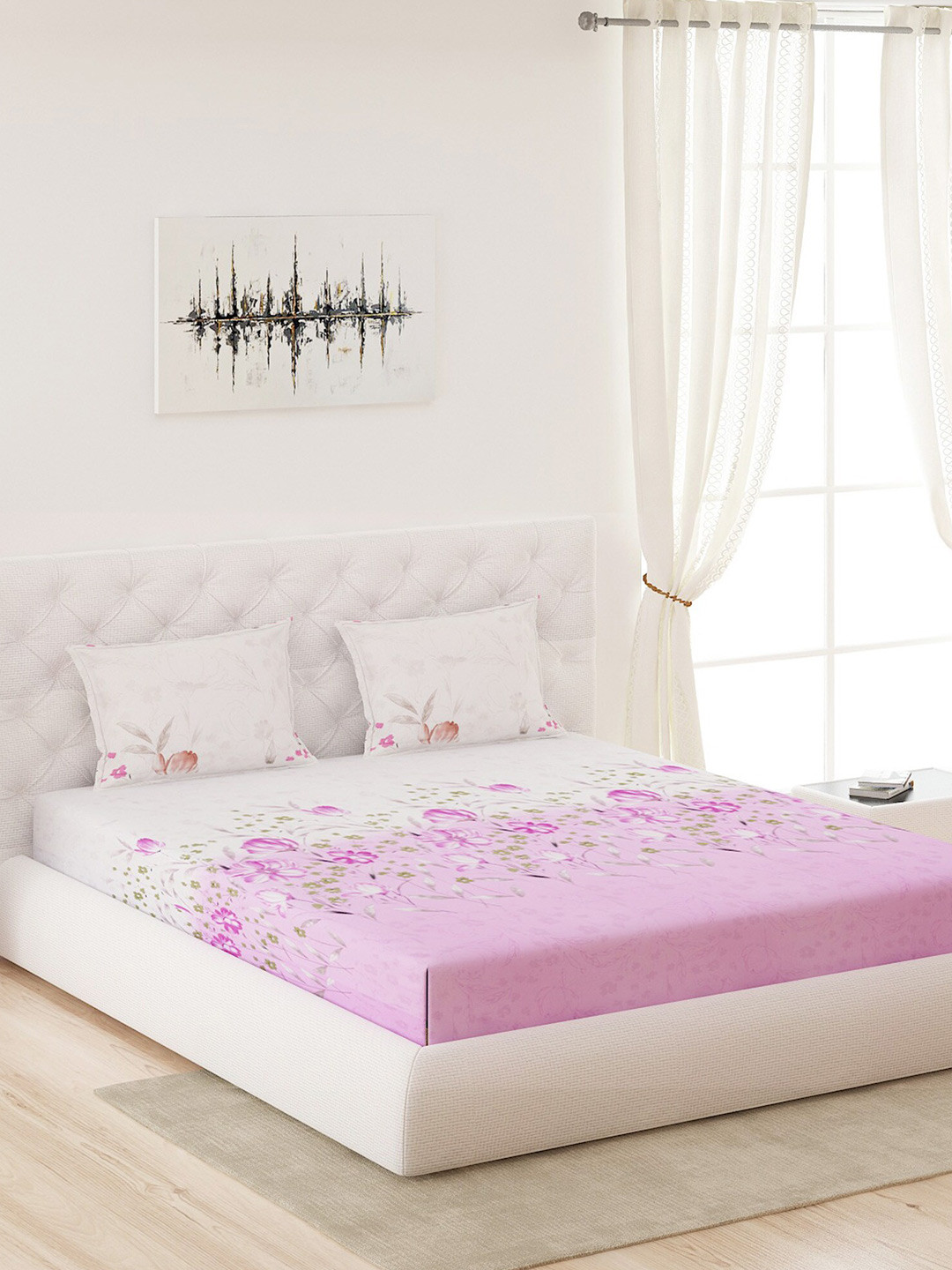

Moca By Monte Carlo White & Pink Floral Printed 200 TC King Bedsheet with 2 Pillow Covers