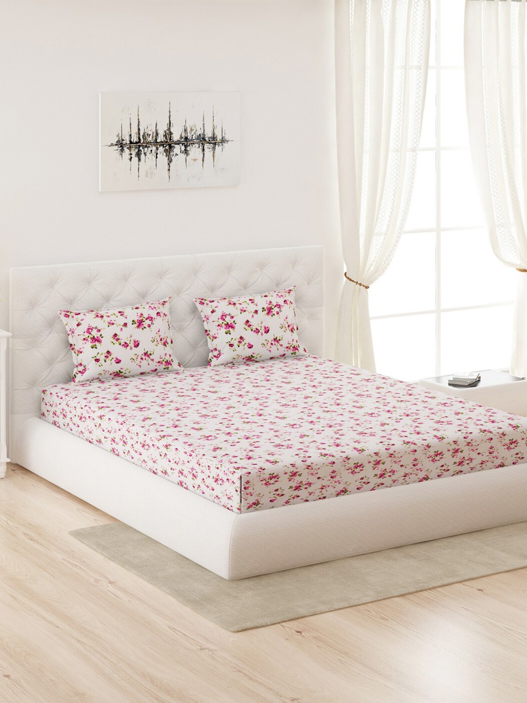 

Moca By Monte Carlo White & Pink Floral Printed 144 TC Queen Bedsheet with 2 Pillow Covers