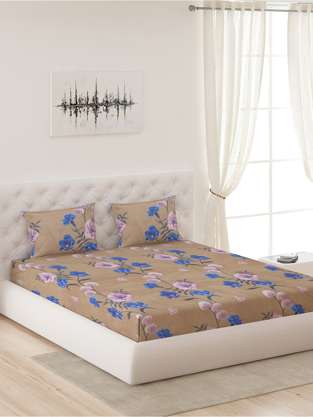 

Moca By Monte Carlo Coffee Brown & Blue Printed104 TC Queen Bedsheet with 2 Pillow Covers
