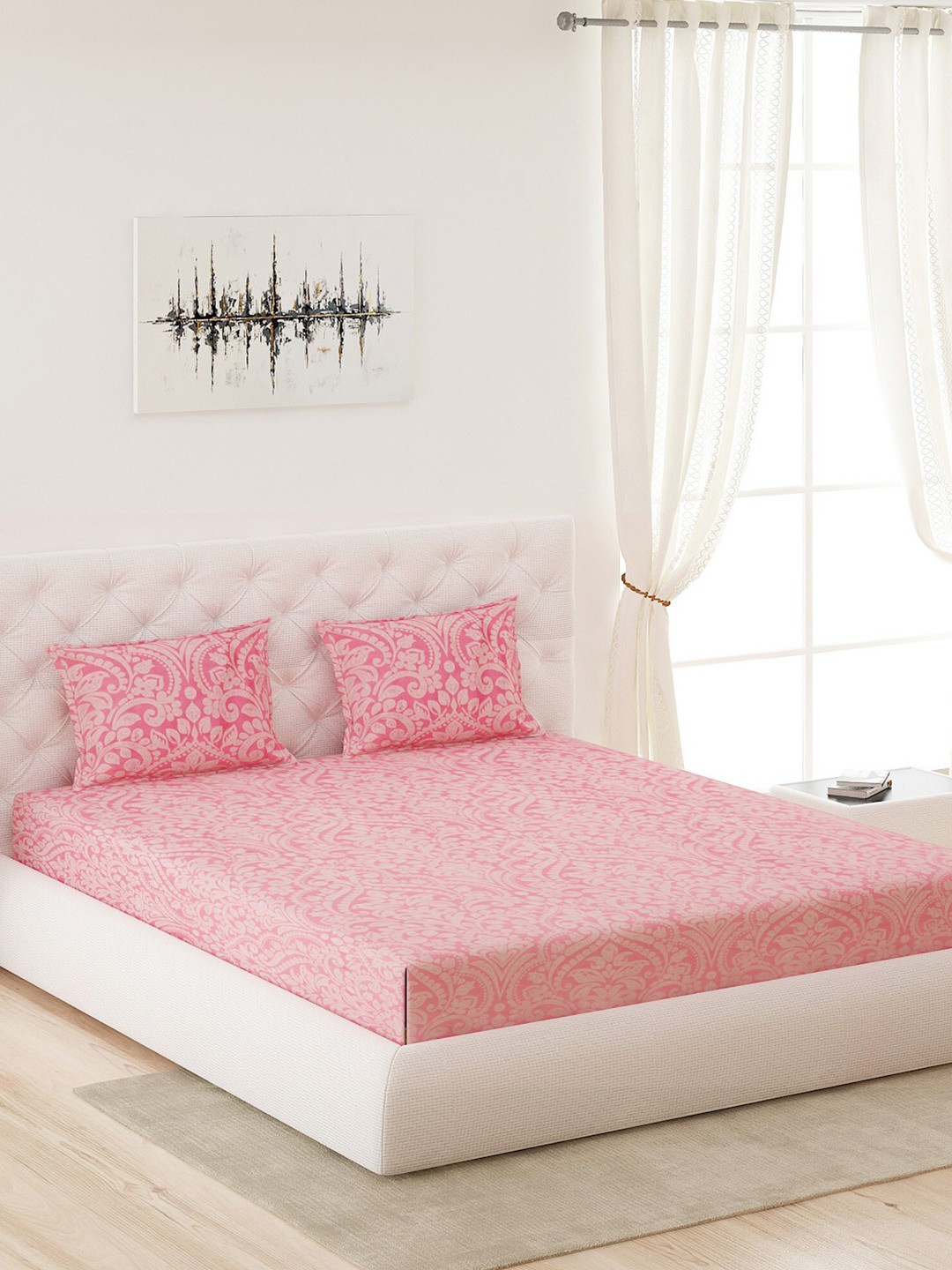 

Moca By Monte Carlo Pink & Cream-Coloured Ethnic Motifs 210 TC King Bedsheet with 2 Pillow Covers