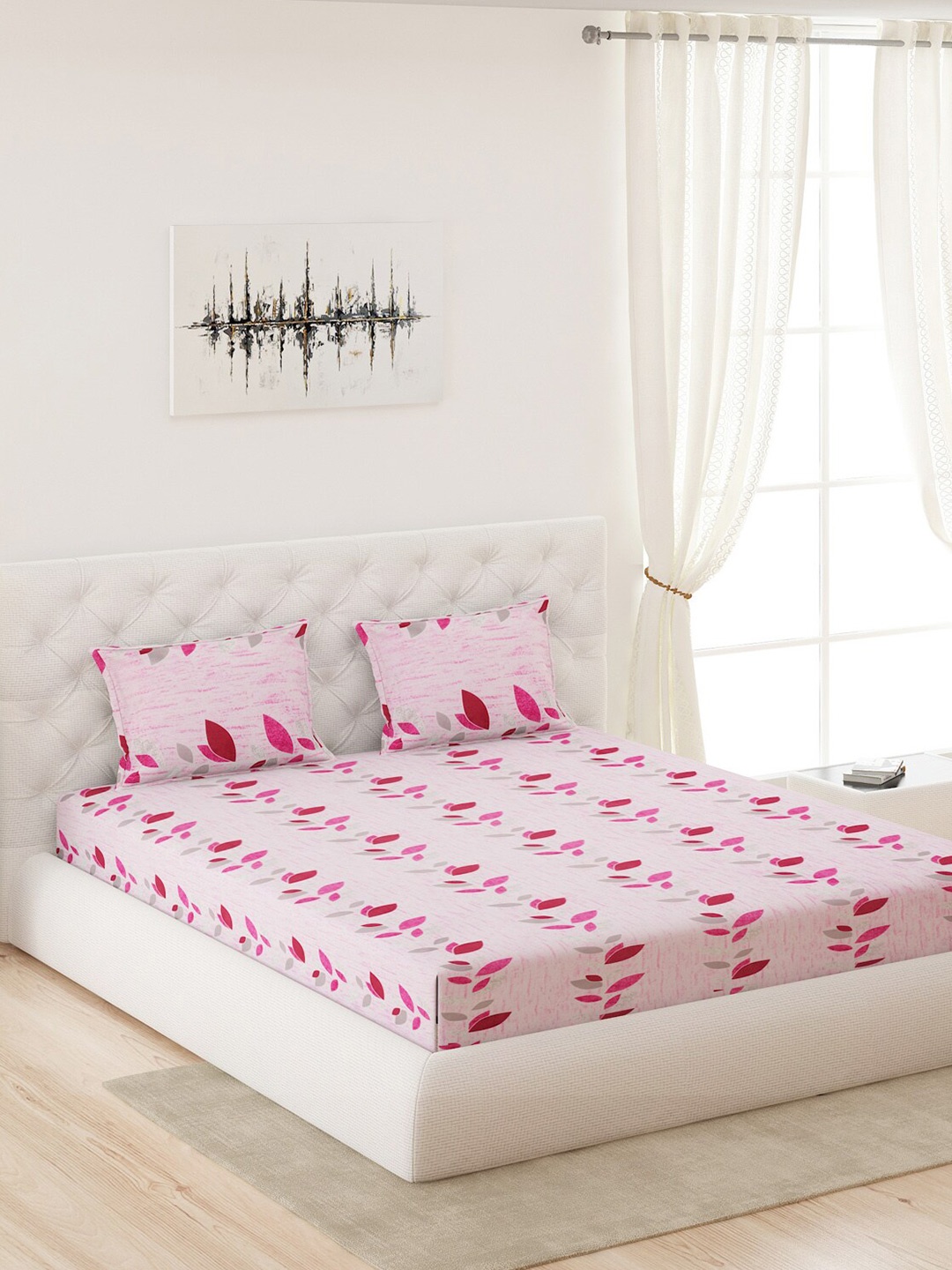 

Moca By Monte Carlo Pink & Grey Floral Printed 120 TC Queen Bedsheet with 2 Pillow Covers