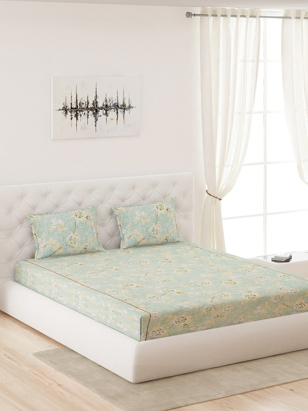 

Moca By Monte Carlo Green & Beige Printed 120 TC Queen Bedsheet with 2 Pillow Covers