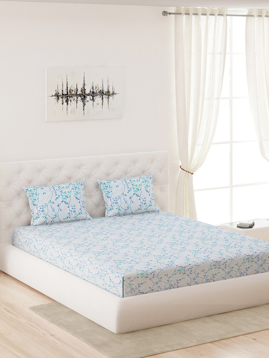 

Moca By Monte Carlo Blue & Off White Printed 120 TC Queen Bedsheet with 2 Pillow Covers