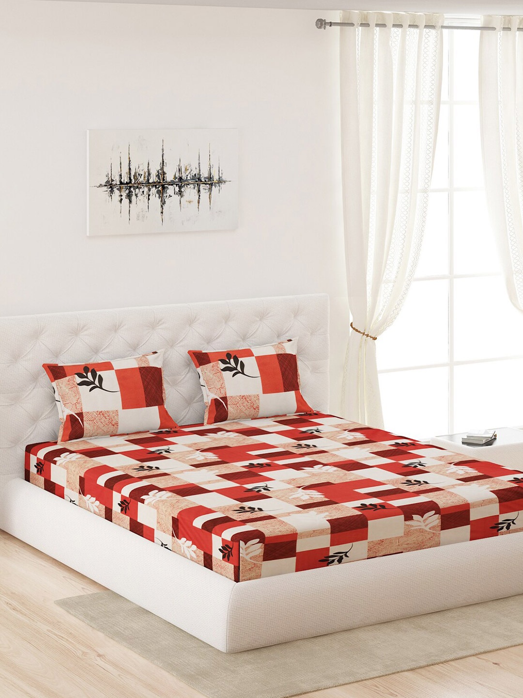 

Moca By Monte Carlo Red & White Printed 144 TC Queen Cotton Bedsheet with 2 Pillow Covers
