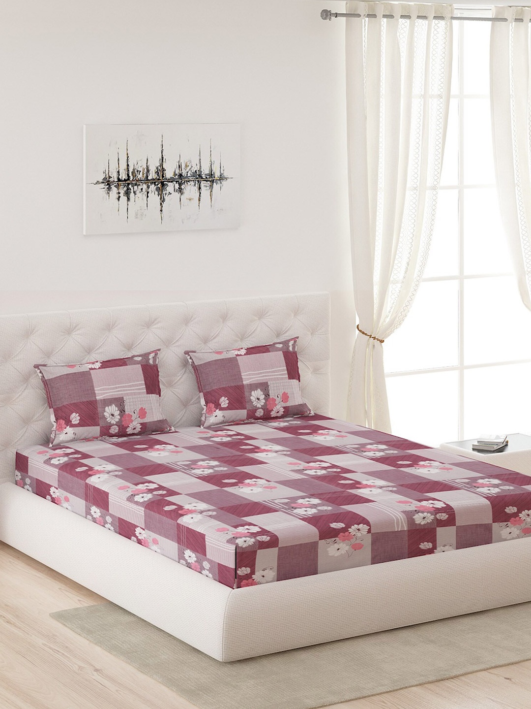 

Moca By Monte Carlo Pink & Grey Floral Printed 120 TC Queen Bedsheet with 2 Pillow Covers