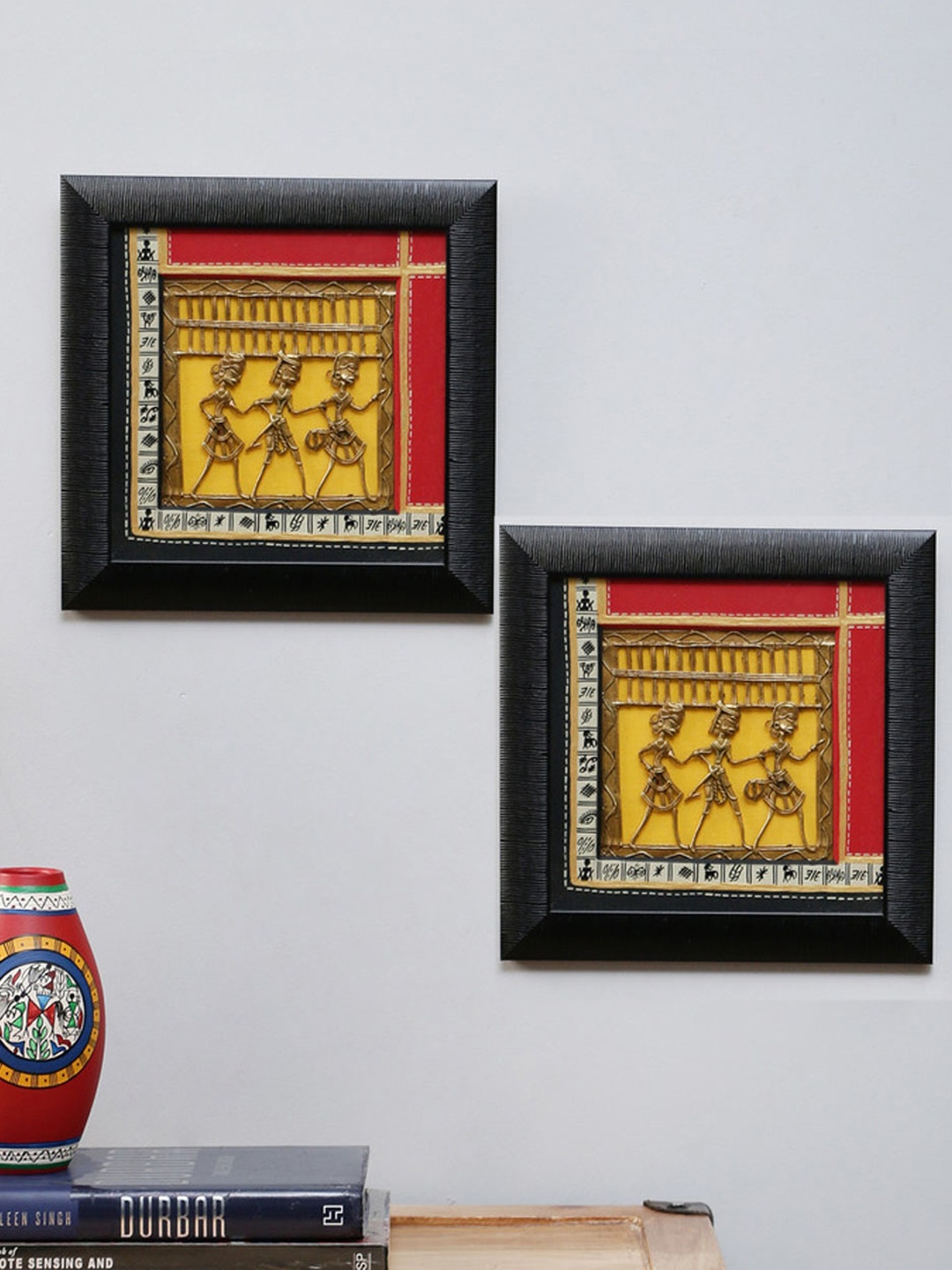

VarEesha Red Set of 2 Dhokra Handcrafted Wall Hangings, Yellow