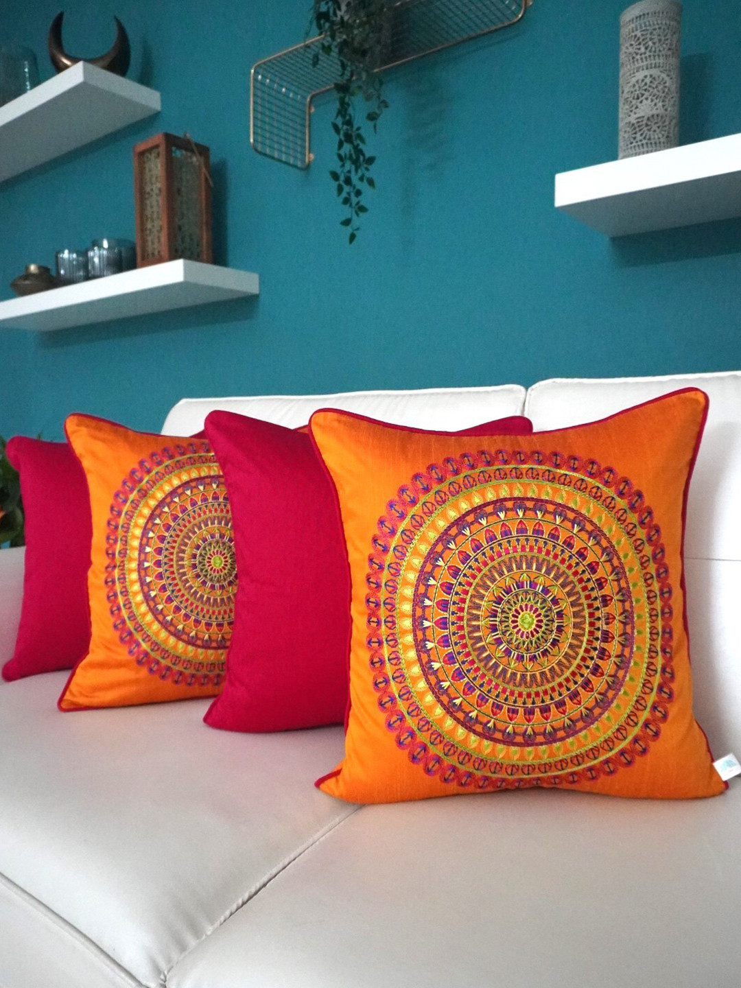 

TARA- Sparkling Homes Embroidered Cushion Covers Orange & Red Set of 4 Cushion Covers