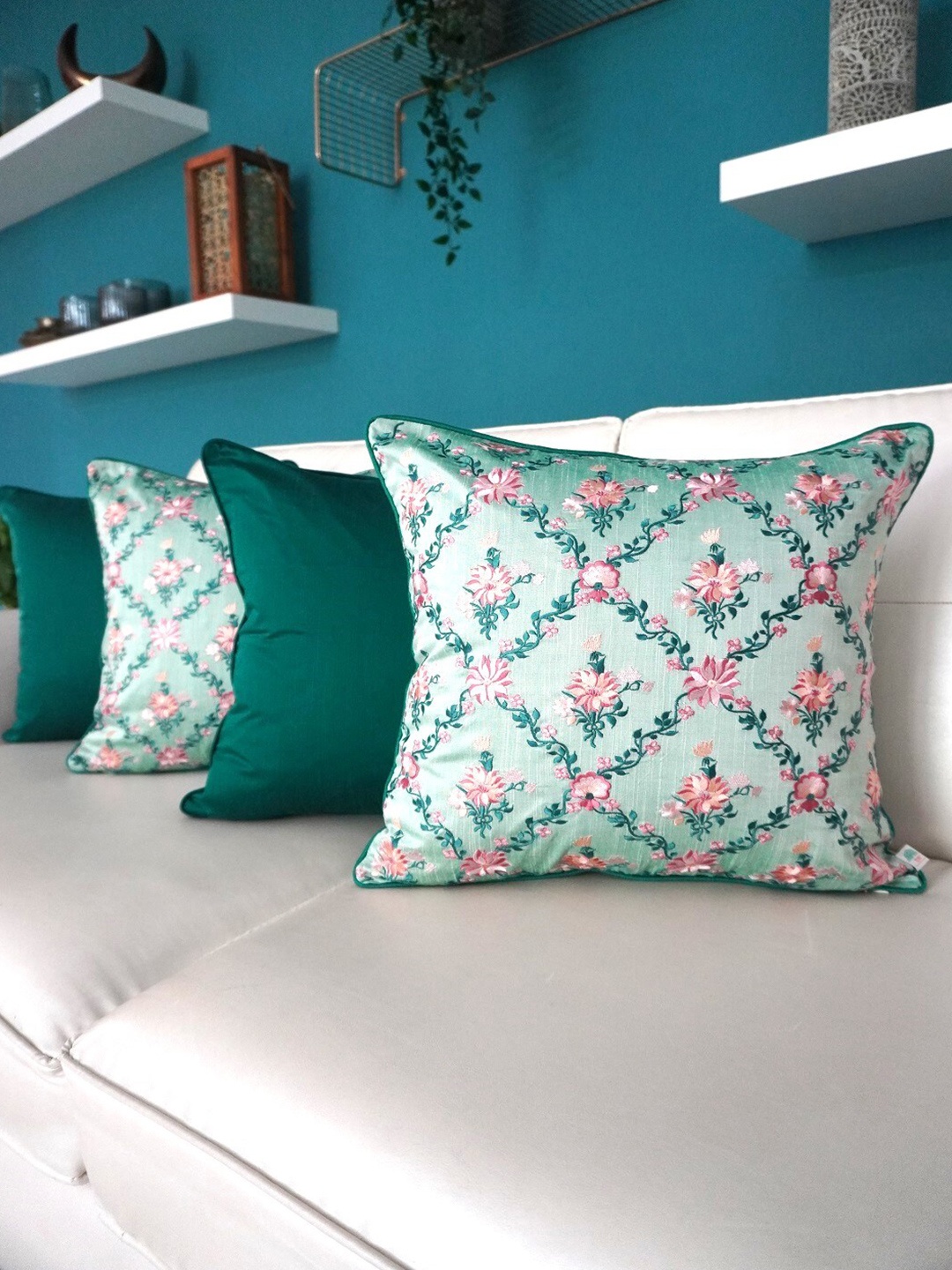 

TARA- Sparkling Homes Embroidered Cushion Covers Green & Pink Set of 4 Cushion Covers