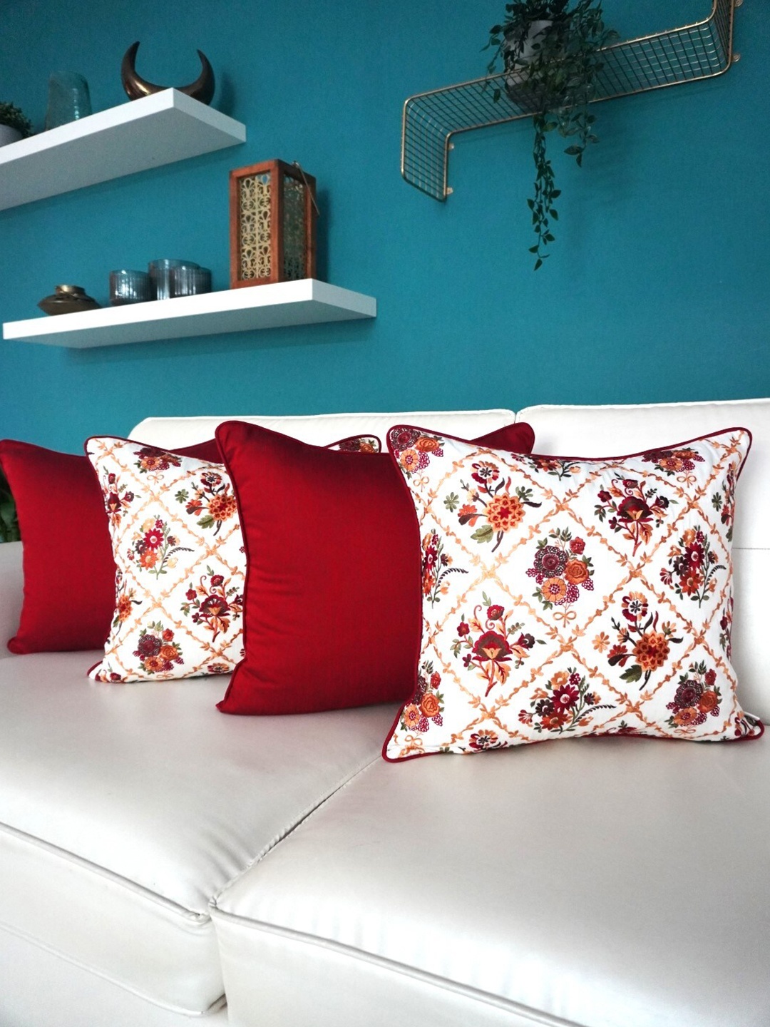 

TARA- Sparkling Homes Maroon & White Set of 4 Floral Square Cushion Covers