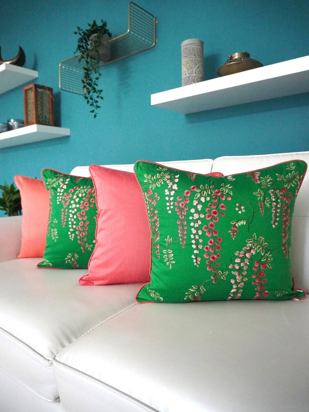 

TARA- Sparkling Homes Embroidered Cushion Covers Green & Pink Set of 4 Cushion Covers