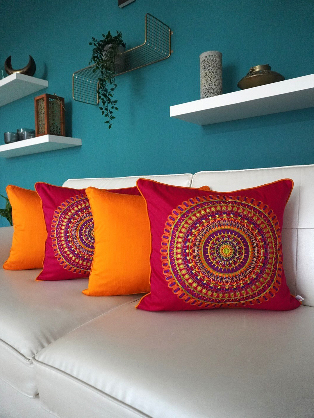 

TARA- Sparkling Homes Embroidered Cushion Covers Pink & Blue Set of 4 Cushion Covers