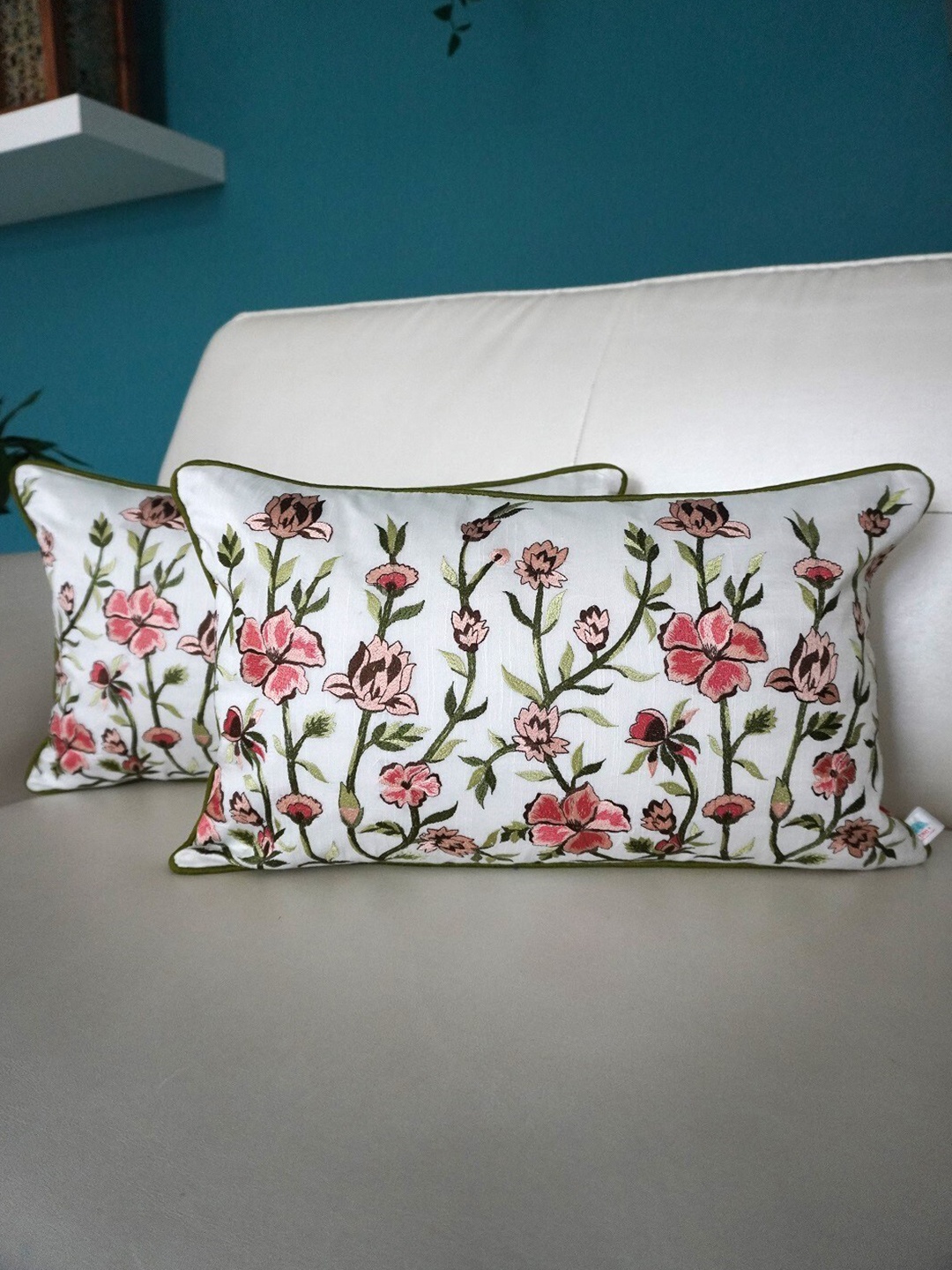 

TARA- Sparkling Homes Embroidered Cushion Covers White & Pink Set of 2 Cushion Covers