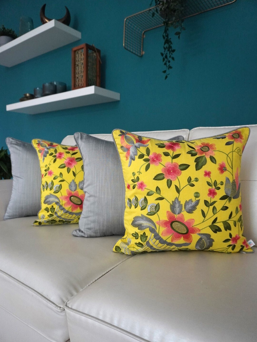 

TARA- Sparkling Homes Yellow & Grey Set of 4 Floral Square Cushion Covers