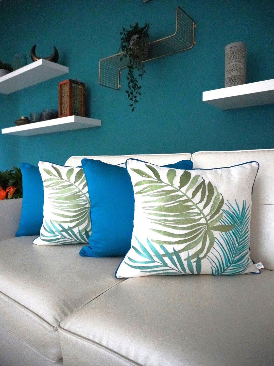 

TARA- Sparkling Homes White & Blue Set of 4 Floral Square Cushion Covers
