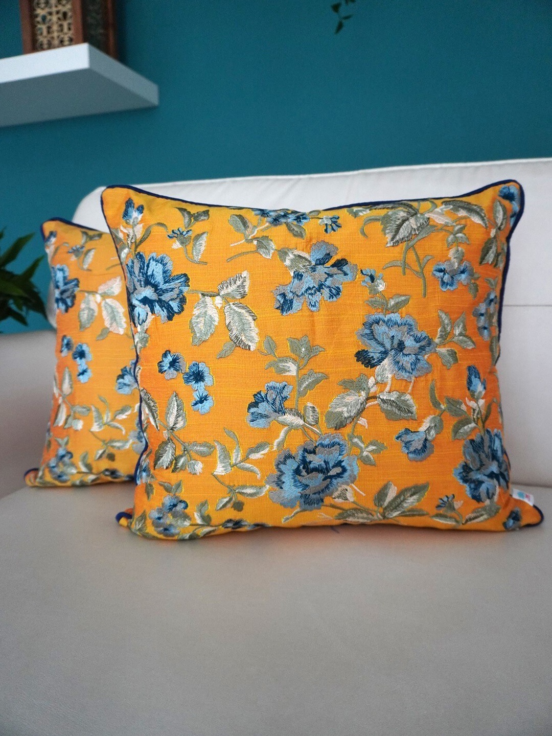 

TARA- Sparkling Homes Embroidered Cushion Covers Mustard & Blue Set of 2 Cushion Covers