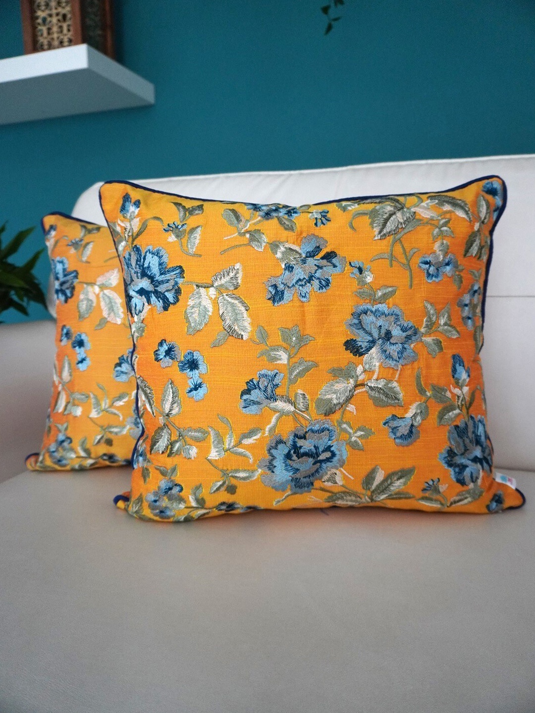 

TARA- Sparkling Homes Gold-Toned & Blue Set of 2 Floral Square Cushion Covers